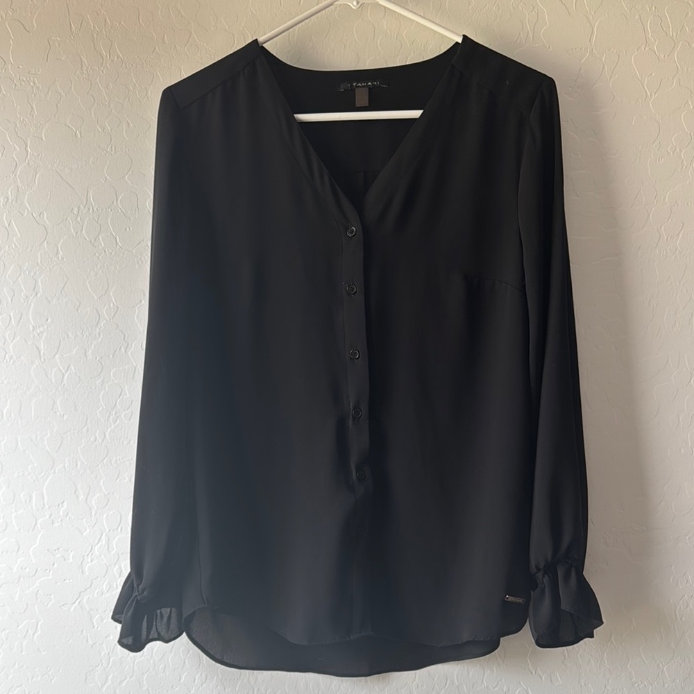 Tahari Black Relaxed Blouse with 3/4 Cuffed Sleeves
